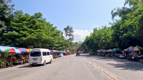 vehicles approach the park entrance under sunny skies