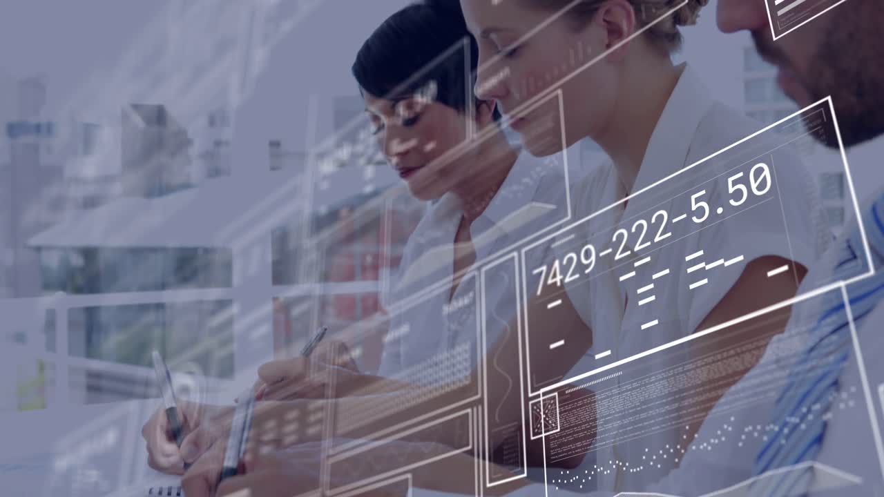 Three coworkers writing notes as presentation starts, HUD overlay scrolling graphs during training