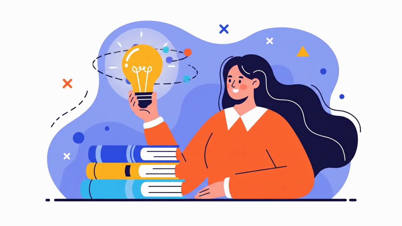 Creative woman with a glowing lightbulb idea and a stack of books