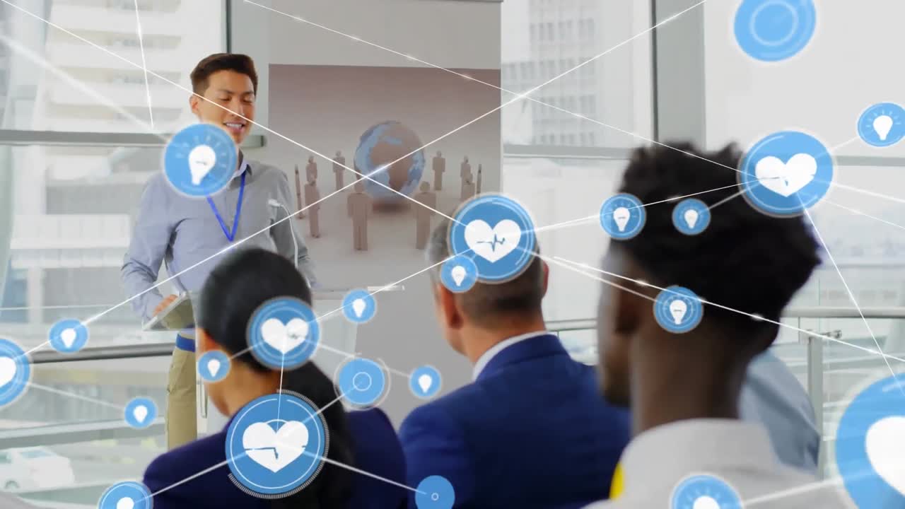 컨퍼런스에서 포디움에 서 있는 아시아 사업가에 대한 디지털 아이콘 네트워크의 애니메이션