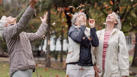 Senior-women,-friends-and-throw-leaves-for-comic