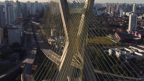 Aerial-view-to-Estaiada-bridge,-Pinheiros-river-and-the-buildings-in-background,-Sao-Paulo,-Brazil