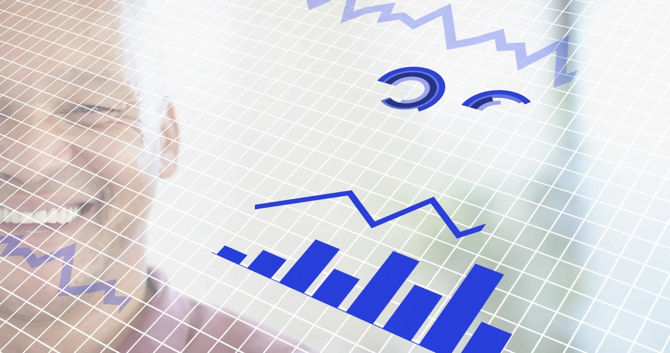 Sovrapposizione a griglia che sfuma, attivando un dirigente che osserva grafici aziendali animati che crescono per insight.