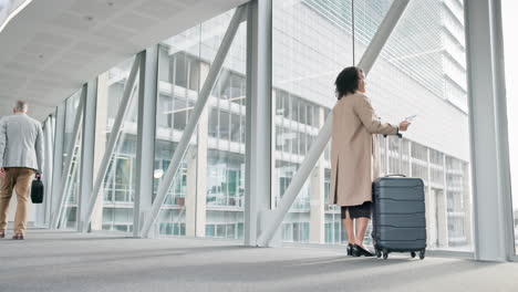 airport, travel and business woman reading