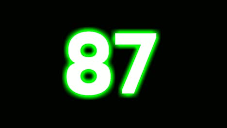 neon number 87 eighty seven sign symbol modern animation motion graphics flicking on black background,green color glowing and shining for video elements