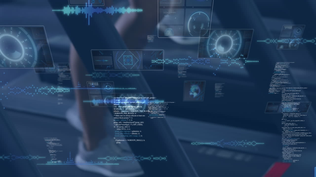 animación del procesamiento de datos sobre personas en la cinta de correr, haciendo ejercicio en el gimnasio.