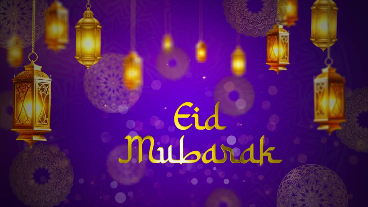 Auguri Eid Mubarak con Lanterne Dorate e Luci Bokeh
