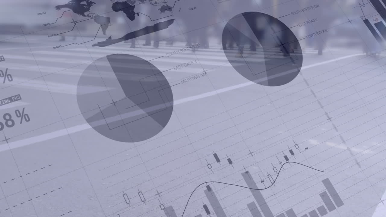 4k 배경에 금융 데이터와 함께 걸어가는 사람들