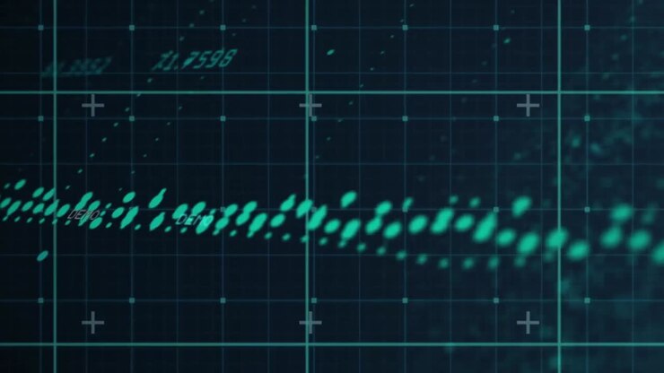 Multiple changing numbers and data processing over grid network against blue background
