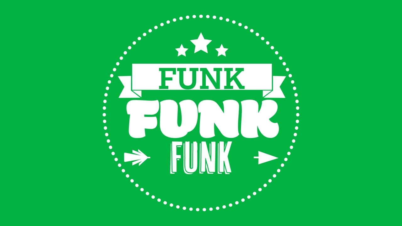 Animazione del testo bianco "funk", in un cerchio con stelle e una freccia, su sfondo nero.