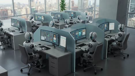 a high-tech workspace filled with humanoid robots interacting with digital interfaces, showcasing the future of work and automation in an innovative office environment