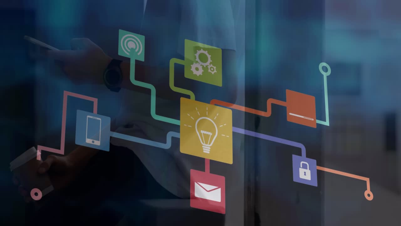 Animation of icons over notebook on desk