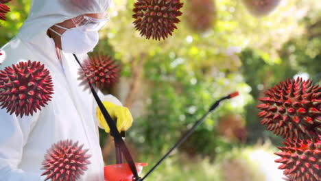 animation of spreading coronavirus covid19 with workers in background during pandemic