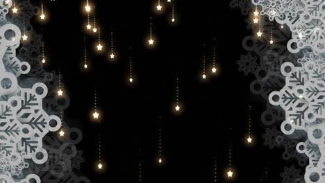 snowflakes icons in a frame over star icons falling against black background