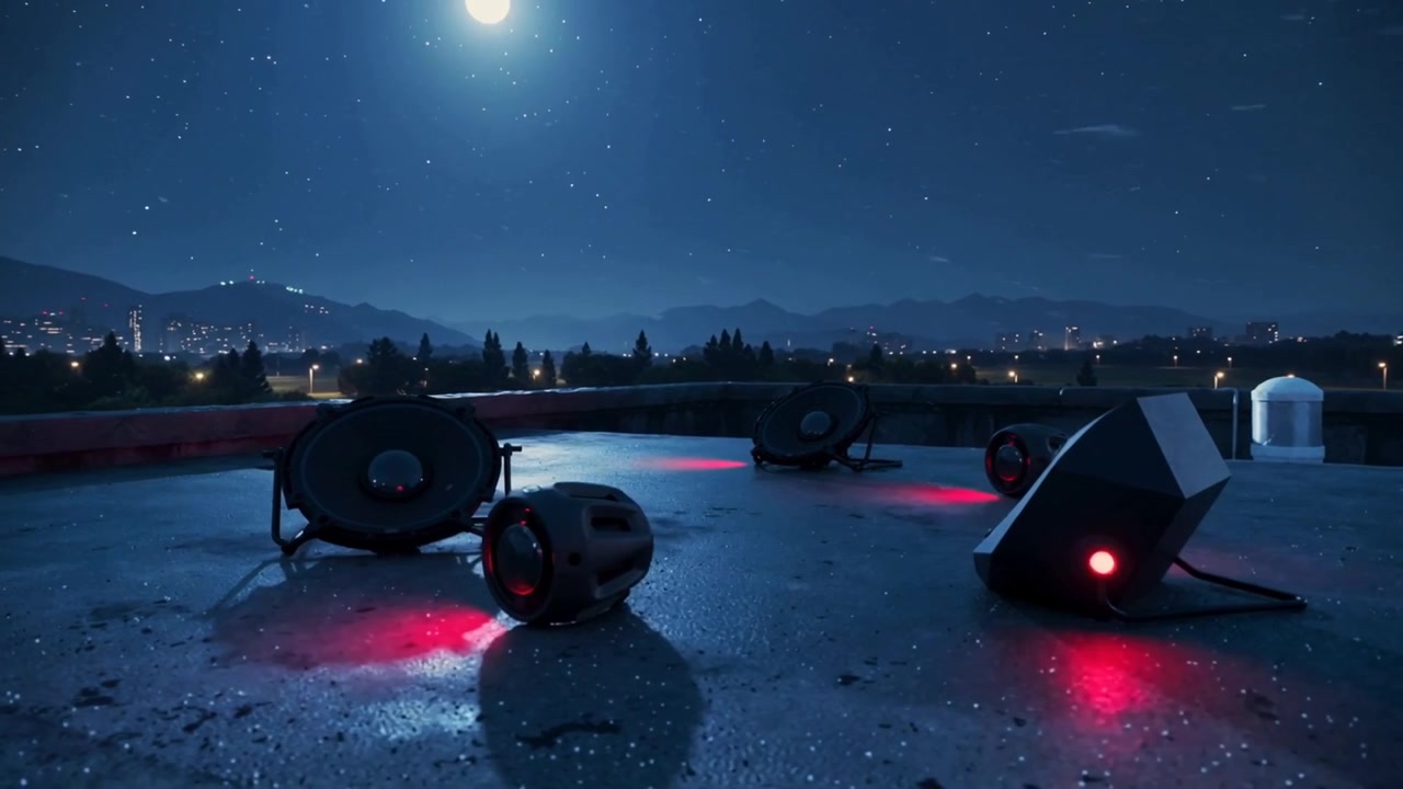 Comenzando con LEDs rojos, cuatro unidades pulsando y atenuándose en un tejado mojado, indicando el estado con luz blanca.