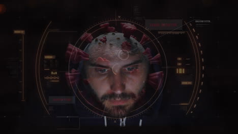 animación de procesamiento de datos y célula de virus sobre hacker masculino caucásico