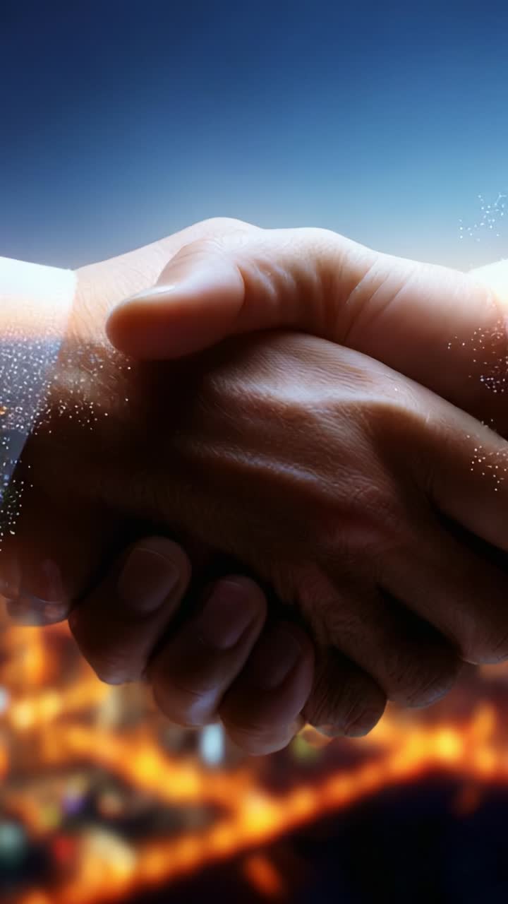 A Powerful Symbol of Unity: Two Hands Shaking in a Vibrant, Futuristic Setting, Representing Collaboration, Trust, and Connection in a Bright Cityscape