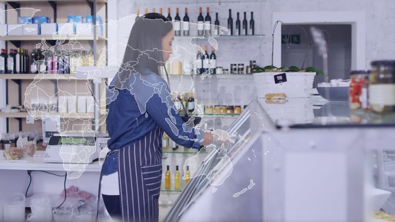 Deli worker leaning over fridge opening door gloving selecting items placing on scale weighing