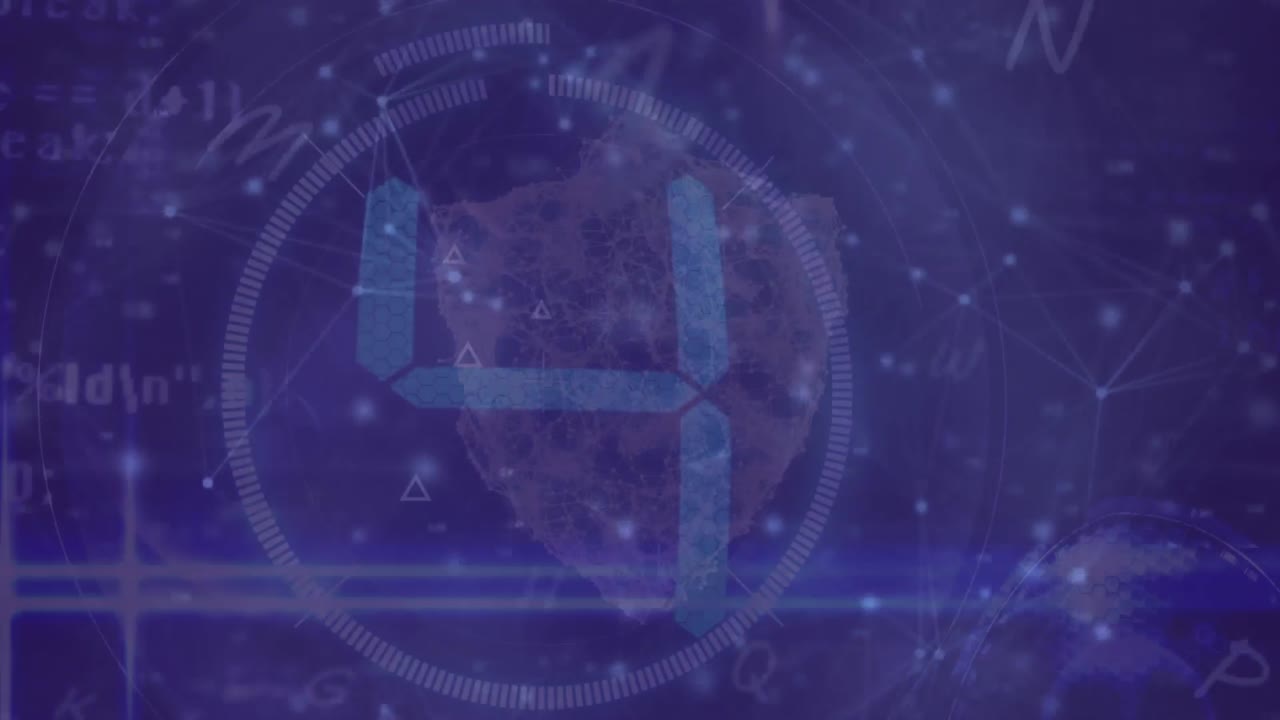 Animation of digital countdown over moving network of connections on dark background