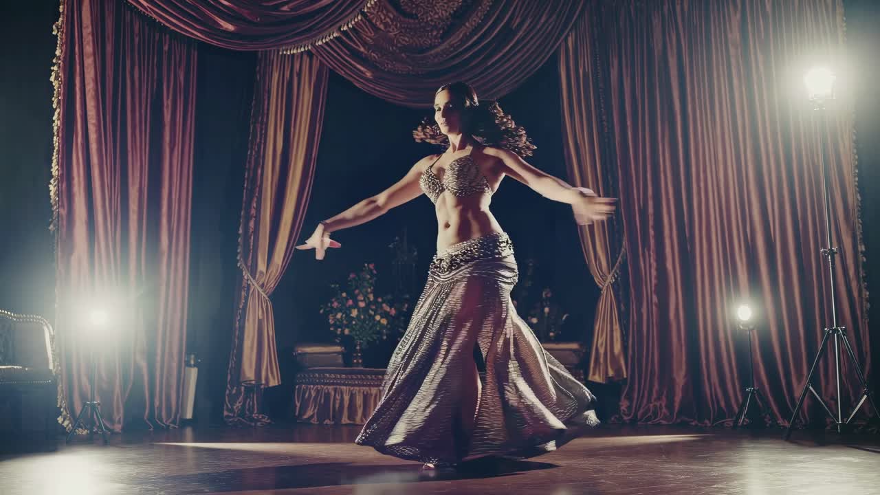 Donna elegante che esegue una danza del ventre su un palcoscenico teatrale