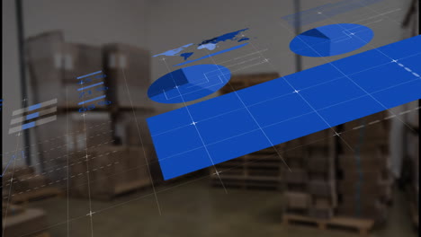 animation of data processing and diagrams over warehouse