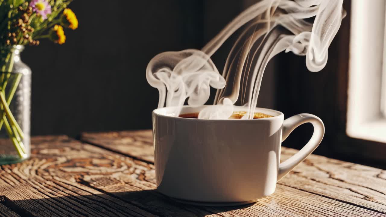Warm, rustic video concept of a steaming coffee cup on a wooden table