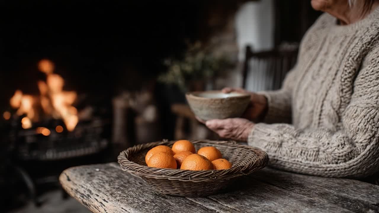 A Warm and Inviting Scene of an Elderly Person Gently Holding a Bowl, Surrounded by a Basket of Fresh Oranges, with a Cozy Fire Crackling in the Background