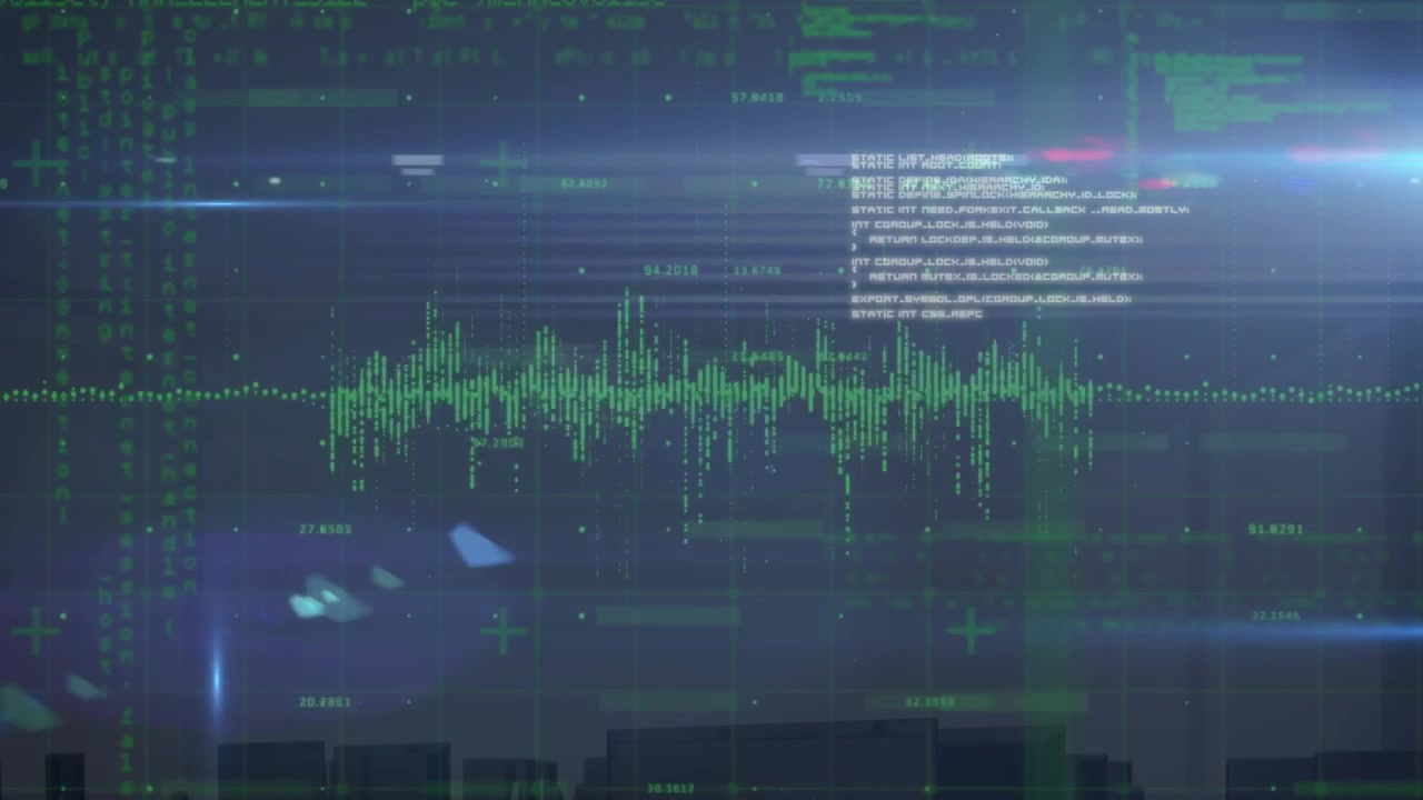 Animazione di grafici, linguaggio di programmazione e lens flare su sfondo astratto