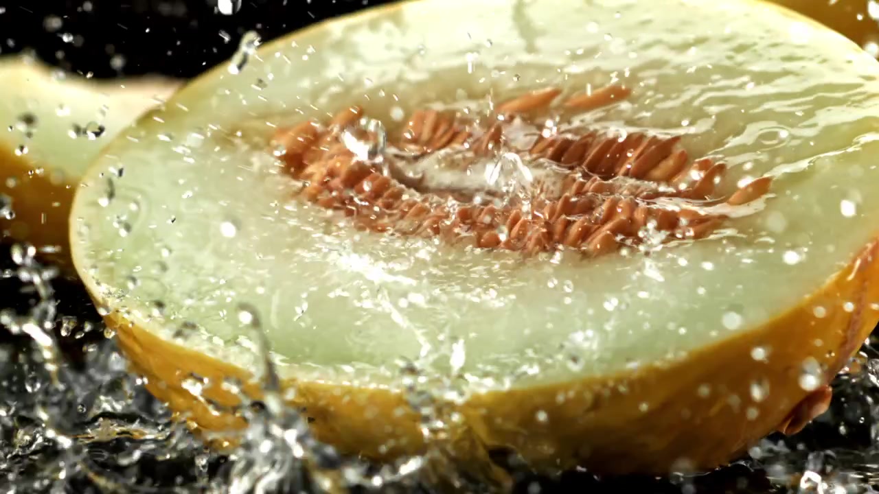 Fresh Melon Half with Water Splashing in Slow Motion