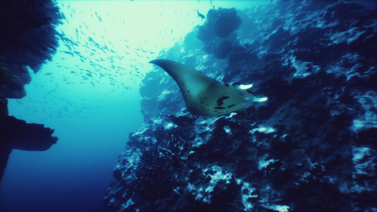 Graceful manta ray swimming near coral reef in deep blue ocean waters