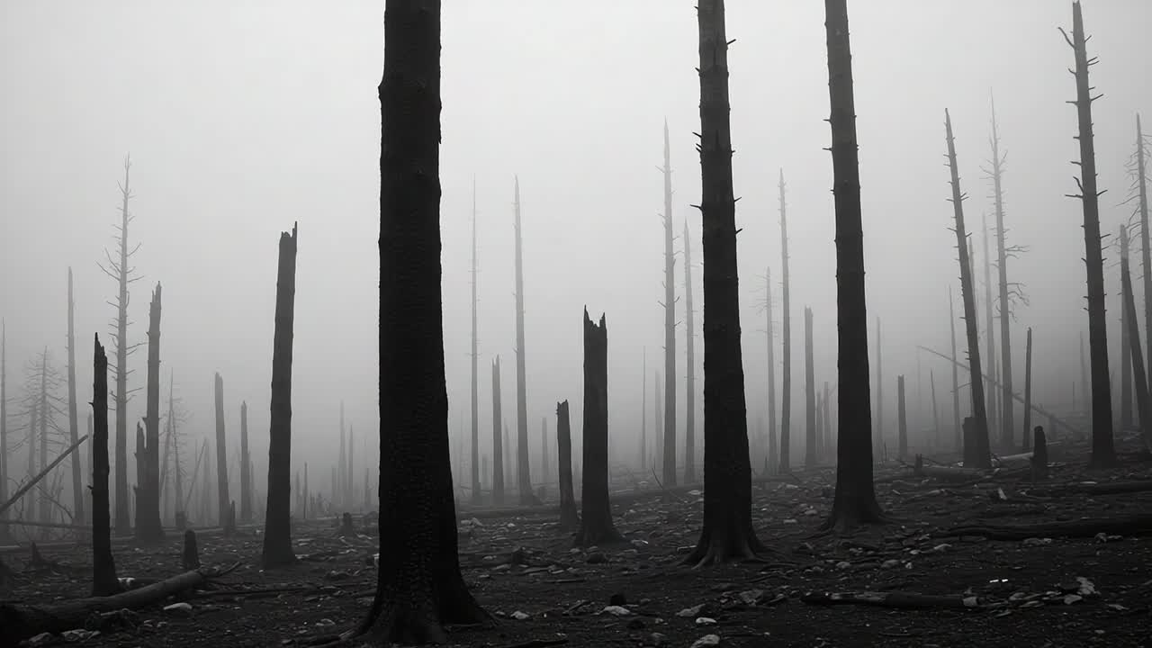 A hauntingly beautiful fog envelops a desolate landscape, where charred tree stumps stand as solemn reminders of a past wildfire's devastating impact on the forest ecology