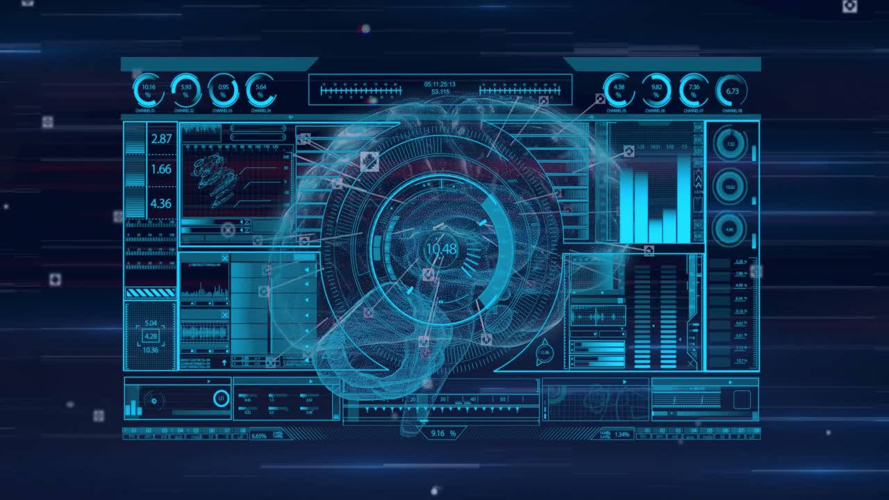 Powering up causing brain-shaped 3D hologram forming, rings spinning, scanning visualizing analysis