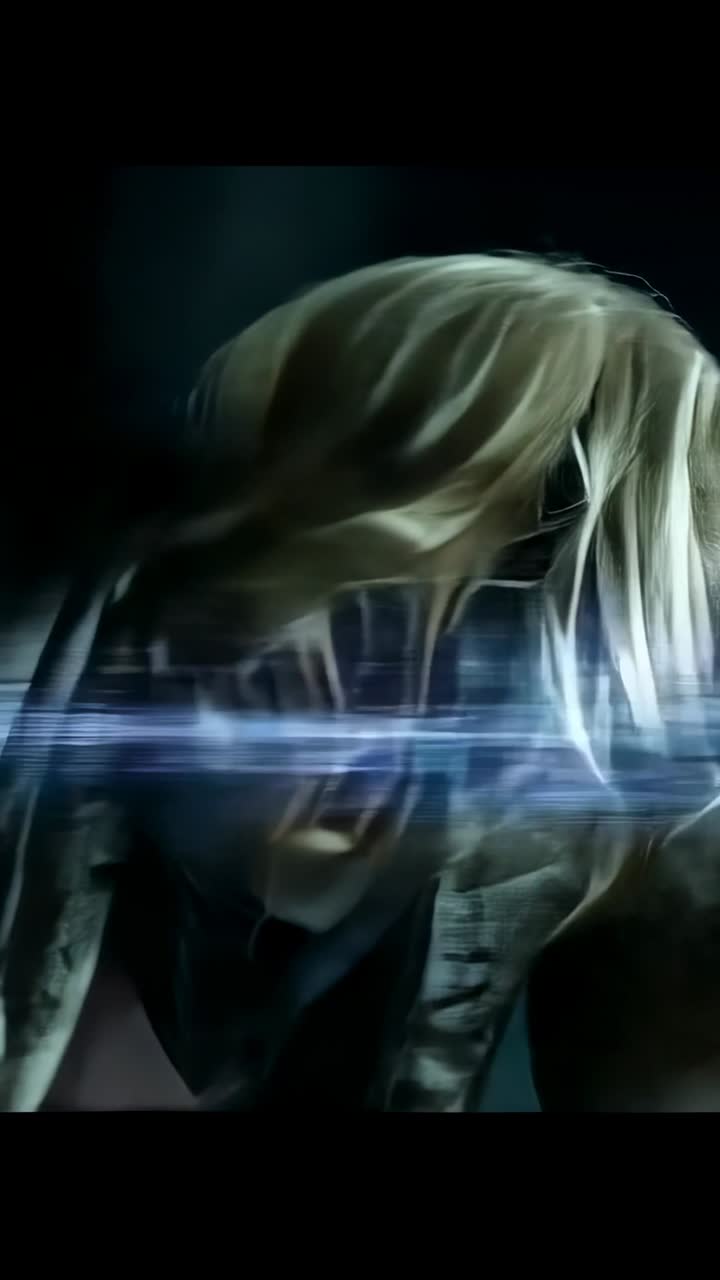 Vertical video: Purple scanline causing woman shifting head in studio, wearing jacket, blonde hair