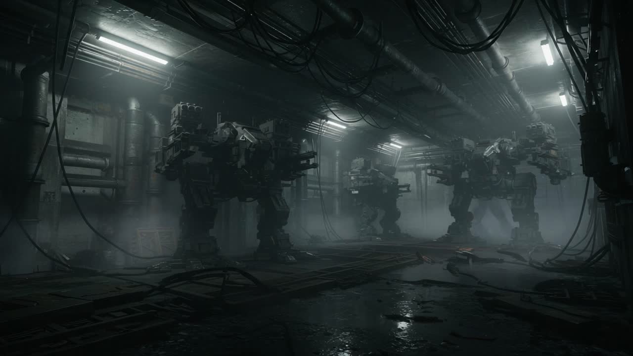 A Dark and Futuristic Setting Featuring Imposing Mechs in an Industrial Environment, Shrouded in Mist and Dim Lighting, Highlighting Advanced Technology and Intricate Design