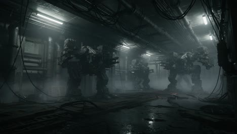 a dark and futuristic setting featuring imposing mechs in an industrial environment, shrouded in mist and dim lighting, highlighting advanced technology and intricate design