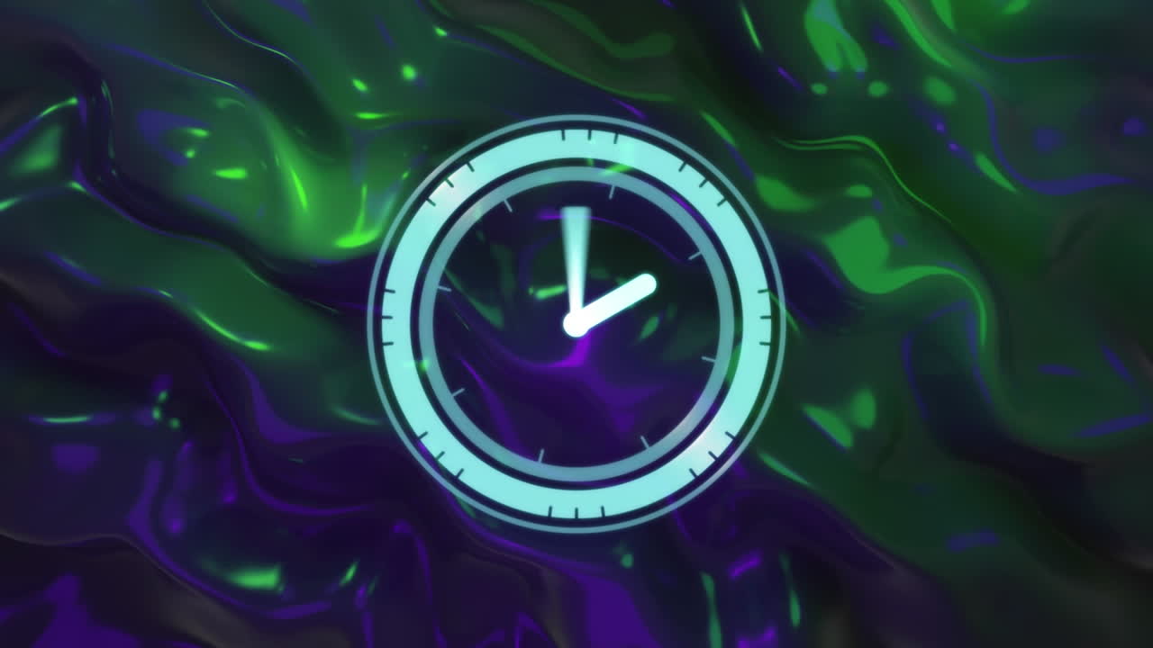 animación de un reloj moviéndose rápidamente sobre un fondo con patrones púrpura y verde.