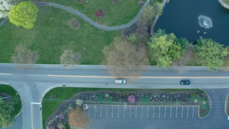 Top-down-aerial-of-cars-driving-through-beautiful-business-park-with-blooming-trees-in-spring