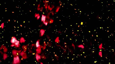 Animation-of-confetti-falling-with-pink-hearts-over-black-background
