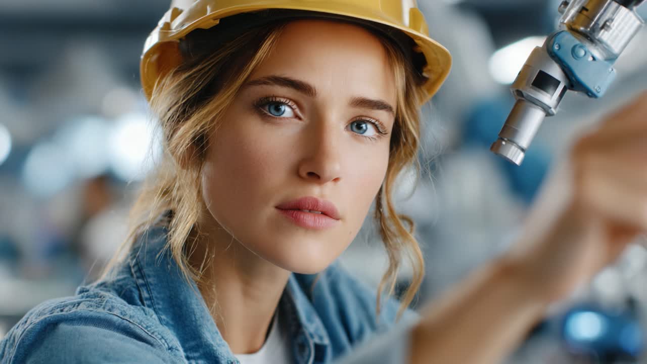 Focused Young Woman in a Hard Hat Displays Precision and Determination in a High-Tech Environment, Showcasing Her Skills and Professionalism as She Operates Advanced Machinery