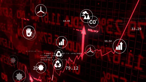 animación de iconos de ecología sobre el procesamiento de datos financieros en fondo negro