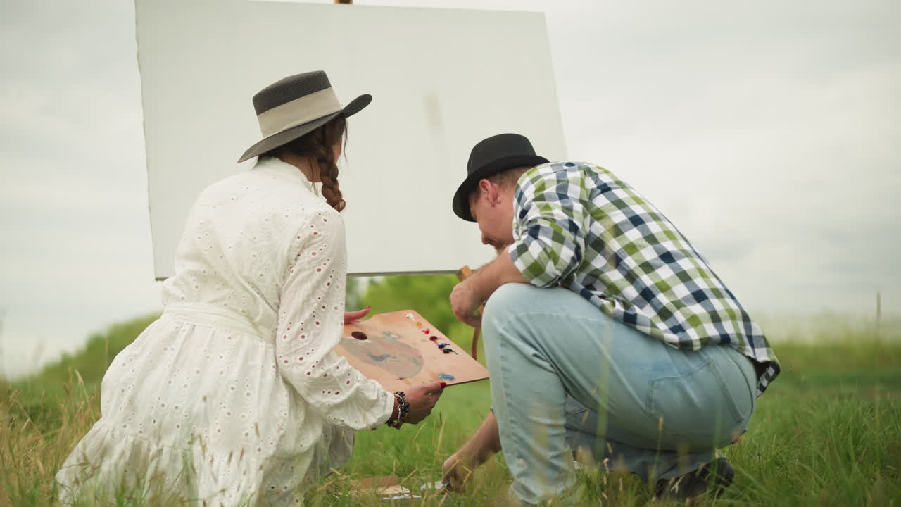 un hombre y una mujer se inclinan en un campo de hierba, preparándose para una sesión de pintura al aire libre. la mujer de blanco sostiene una paleta, mientras que el hombre de camisa a cuadros y sombrero recoge un tubo de pintura