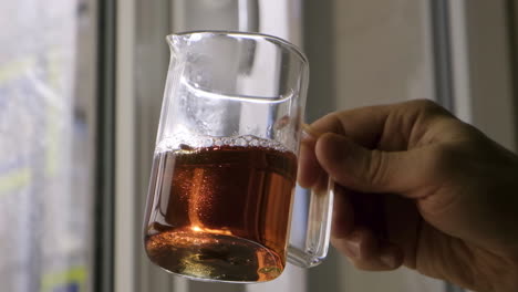 hand holding a glass tea cup near a window