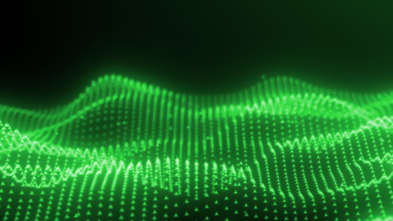 Green wavy plane in continuous motion emitting glowing triangle sub-particles