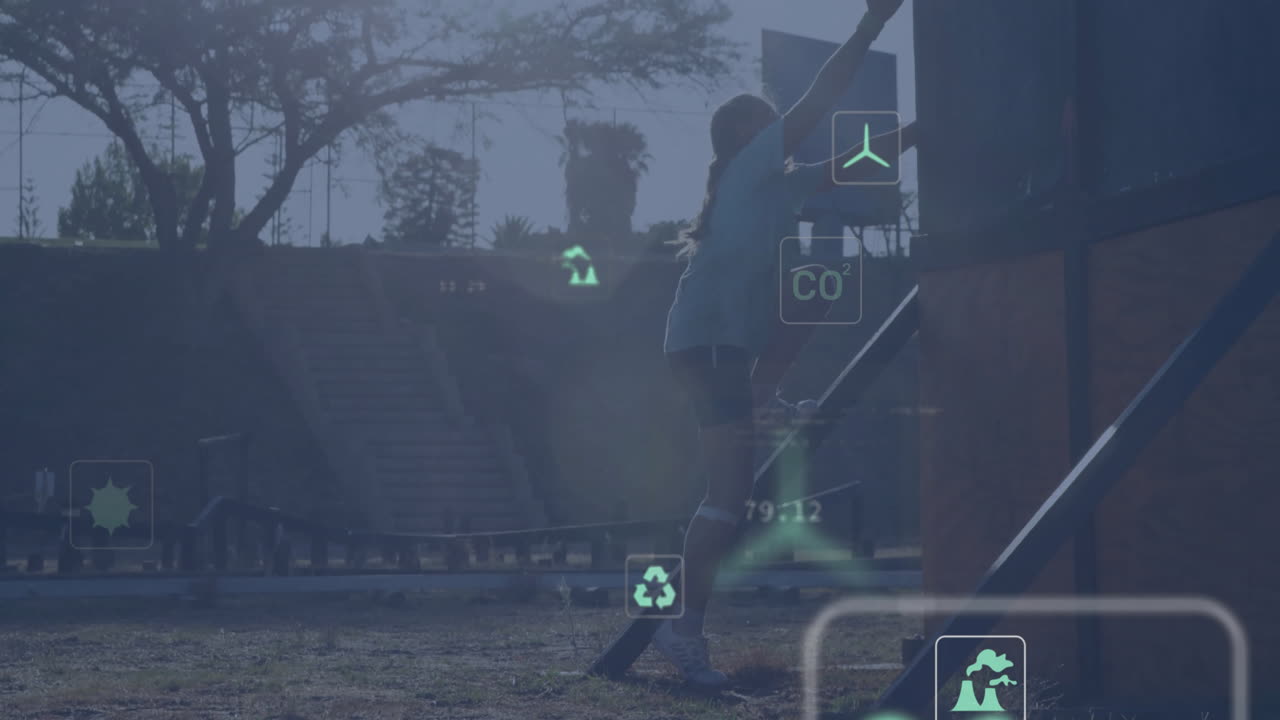 Person climbing outdoor structure with digital coding and data overlay animation