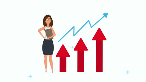 joven mujer de negocios con flechas estadísticas