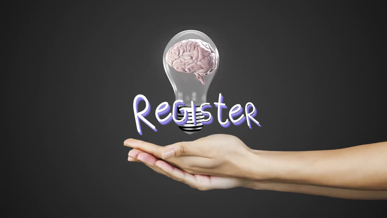 Holding light bulb with brain and Register text, hands showing animation concept