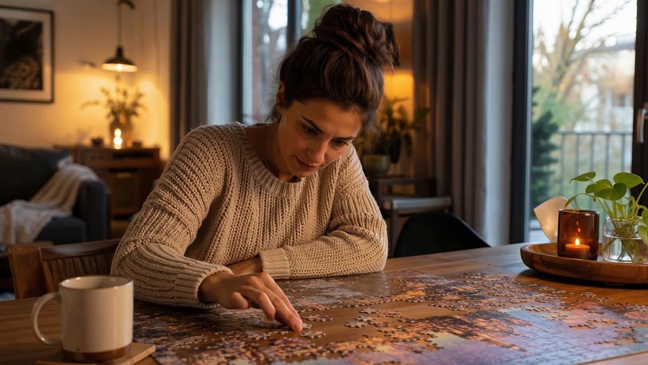 Young woman sitting at a wooden table and assembling a jigsaw puzzle at home