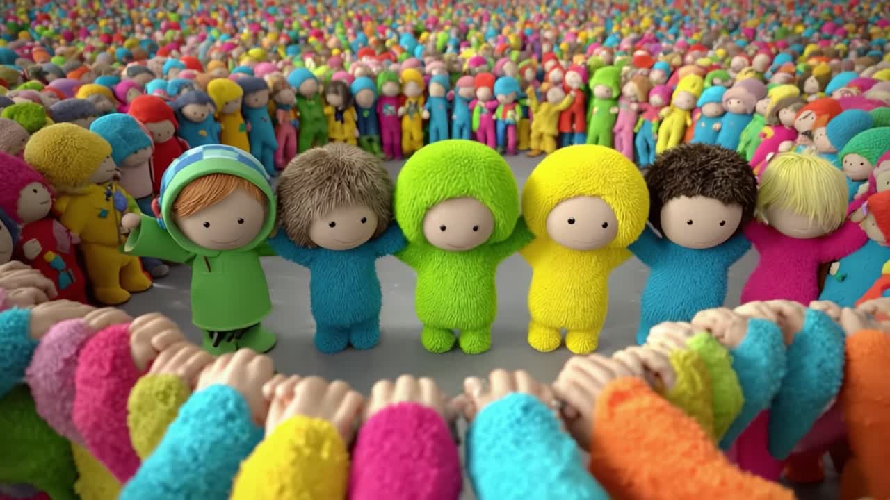 A Vibrant Gathering of Adorable, Colorful Characters: A Heartwarming Display of Unity and Joy Amidst a Multitude of Cheerful Plush Figures in a Joyous Community Setting