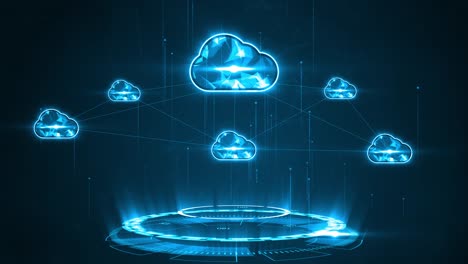 motion graphic di connessione di archiviazione di nuvola blu con tecnologia di cerchio di rotazione sfondo astratto futuristico