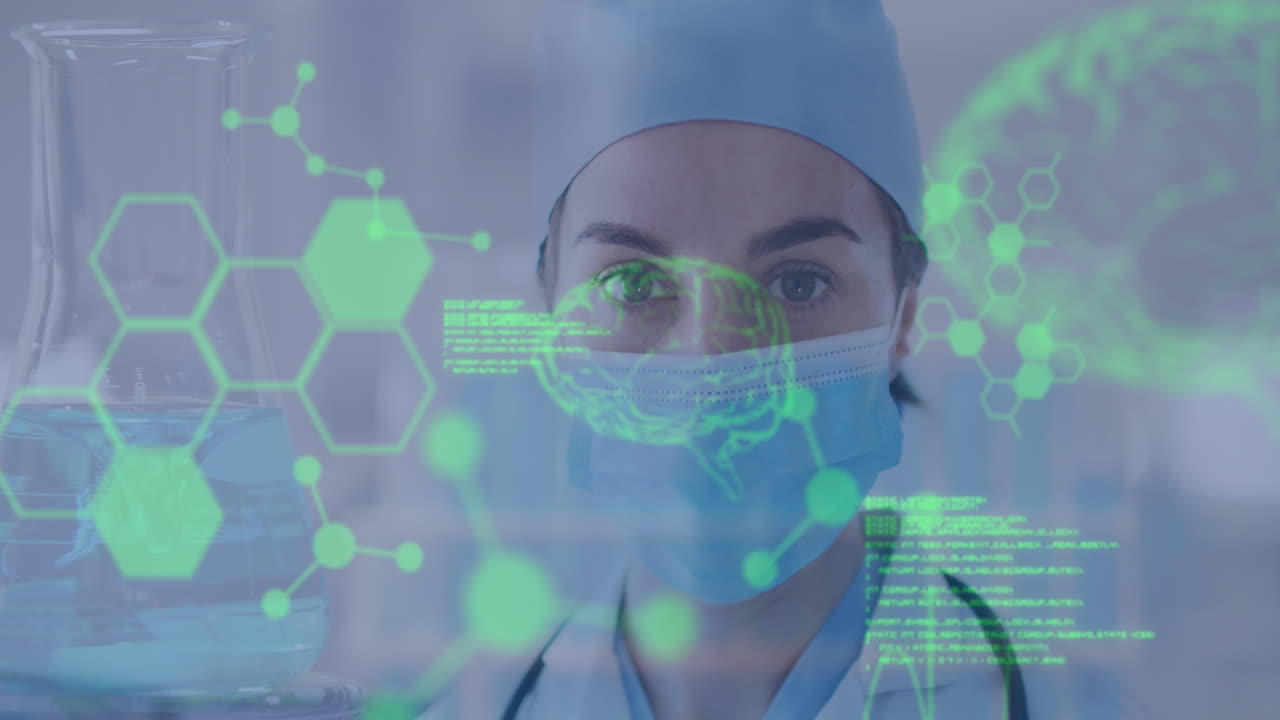 animación de procesamiento de datos médicos contra una cirujana caucásica con máscara quirúrgica en el hospital